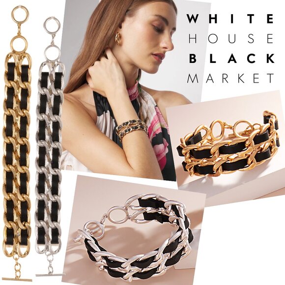 WHBM Black Leather Gold Toggle 2-Layer Bracelet Earrings Designer Inspo NEW - Picture 1 of 7